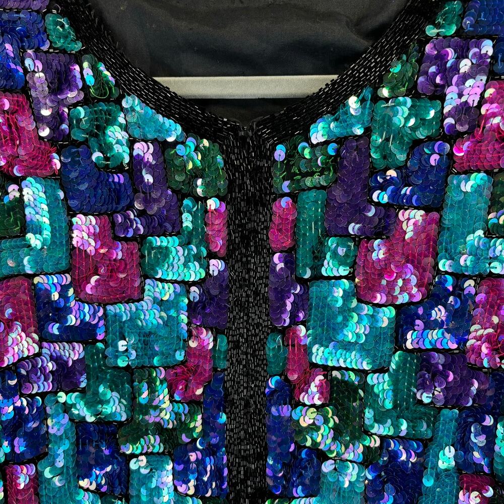 Vtg Stenay Sequin Jacket Large Retro Disco Glam Holiday Colorblock Allover - Picture 5 of 12